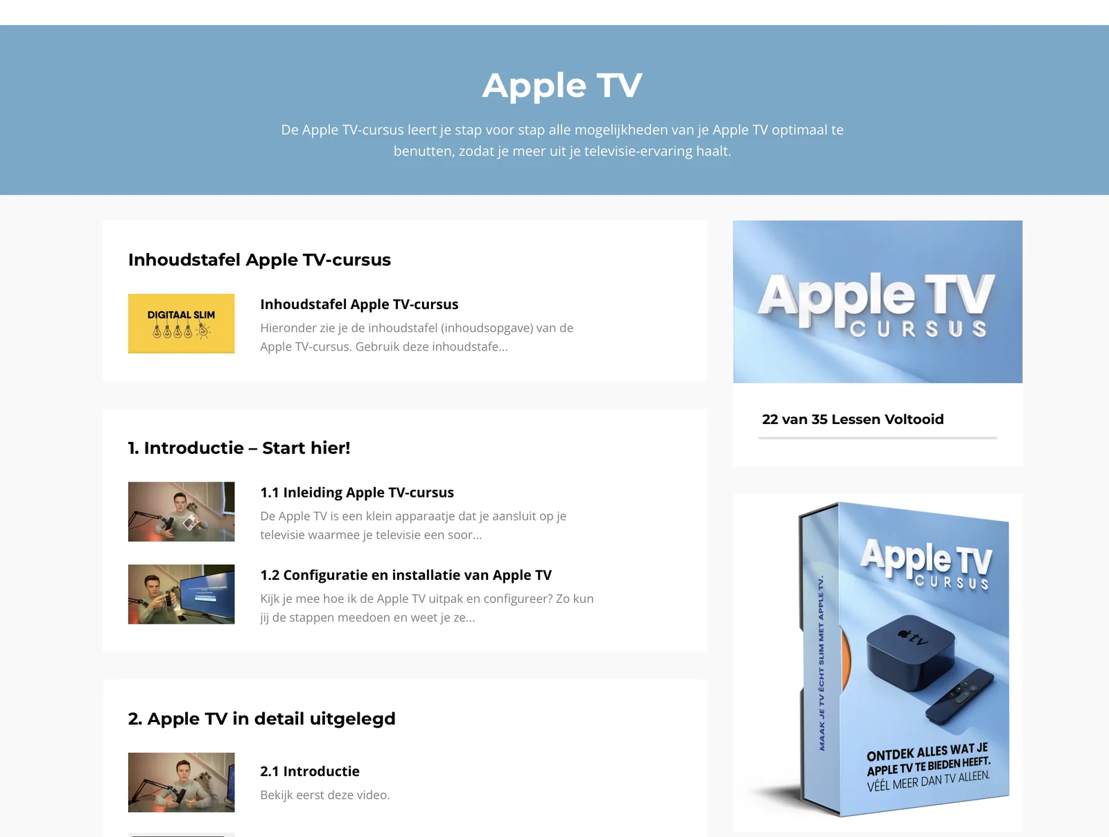 De inhoudstafel van de Apple TV-cursus met de lessen op volgorde en de voortgang