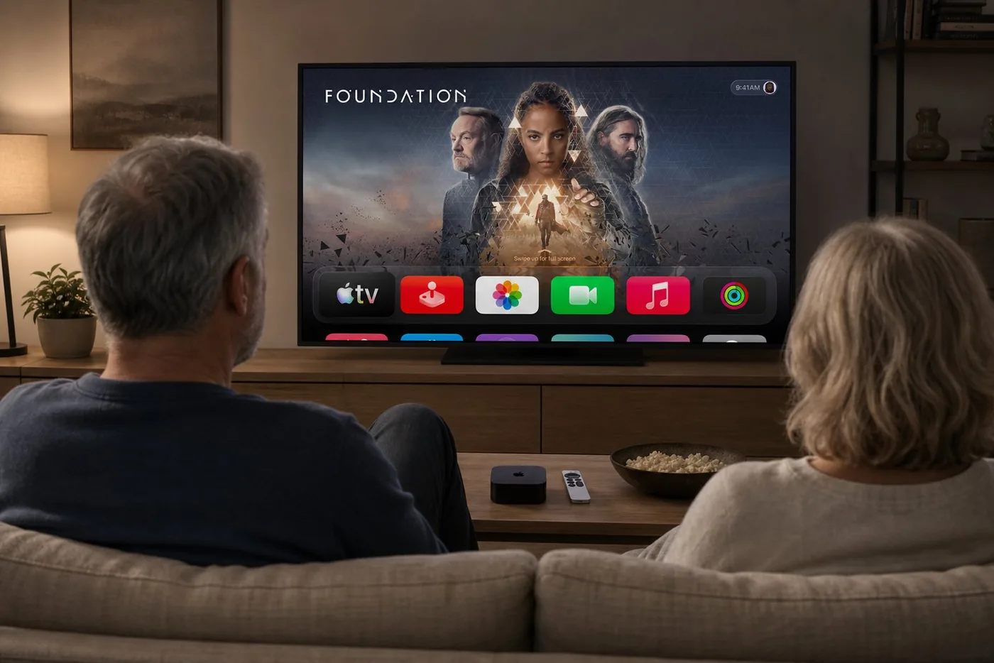 Een koppel op de zetel kijkt naar het beginscherm van Apple TV