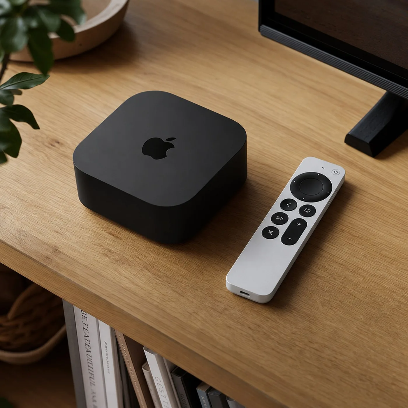 De Apple TV 4K en de Siri Remote op een houten tv-kast
