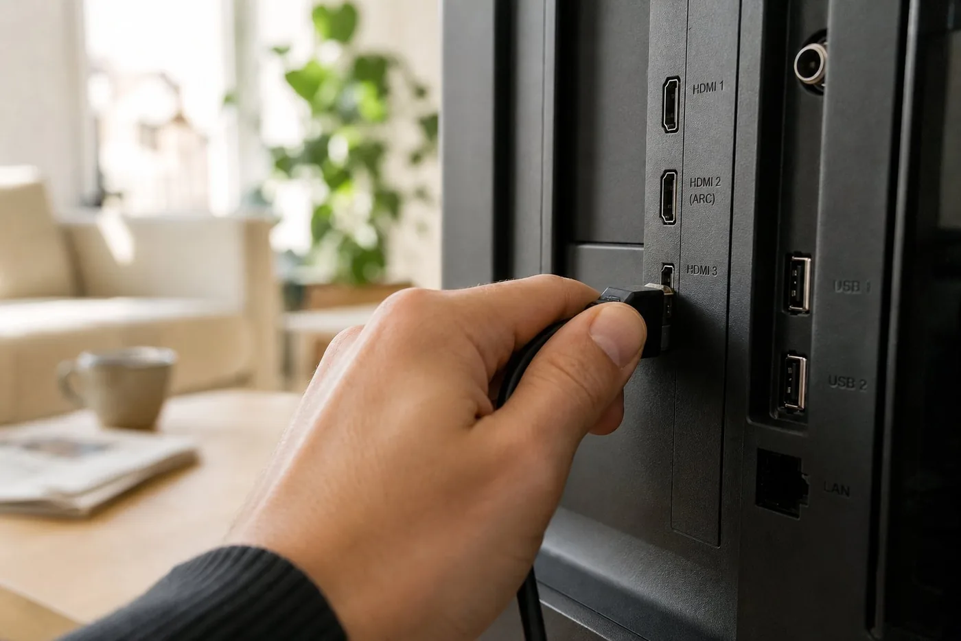 Een hand steekt een HDMI-kabel in de aansluiting achteraan een televisie