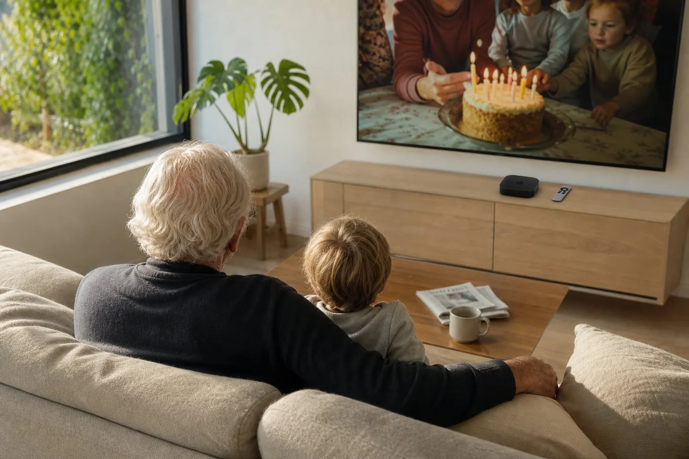 Een grootvader en zijn kleinkind kijken samen naar familiefoto's op de televisie