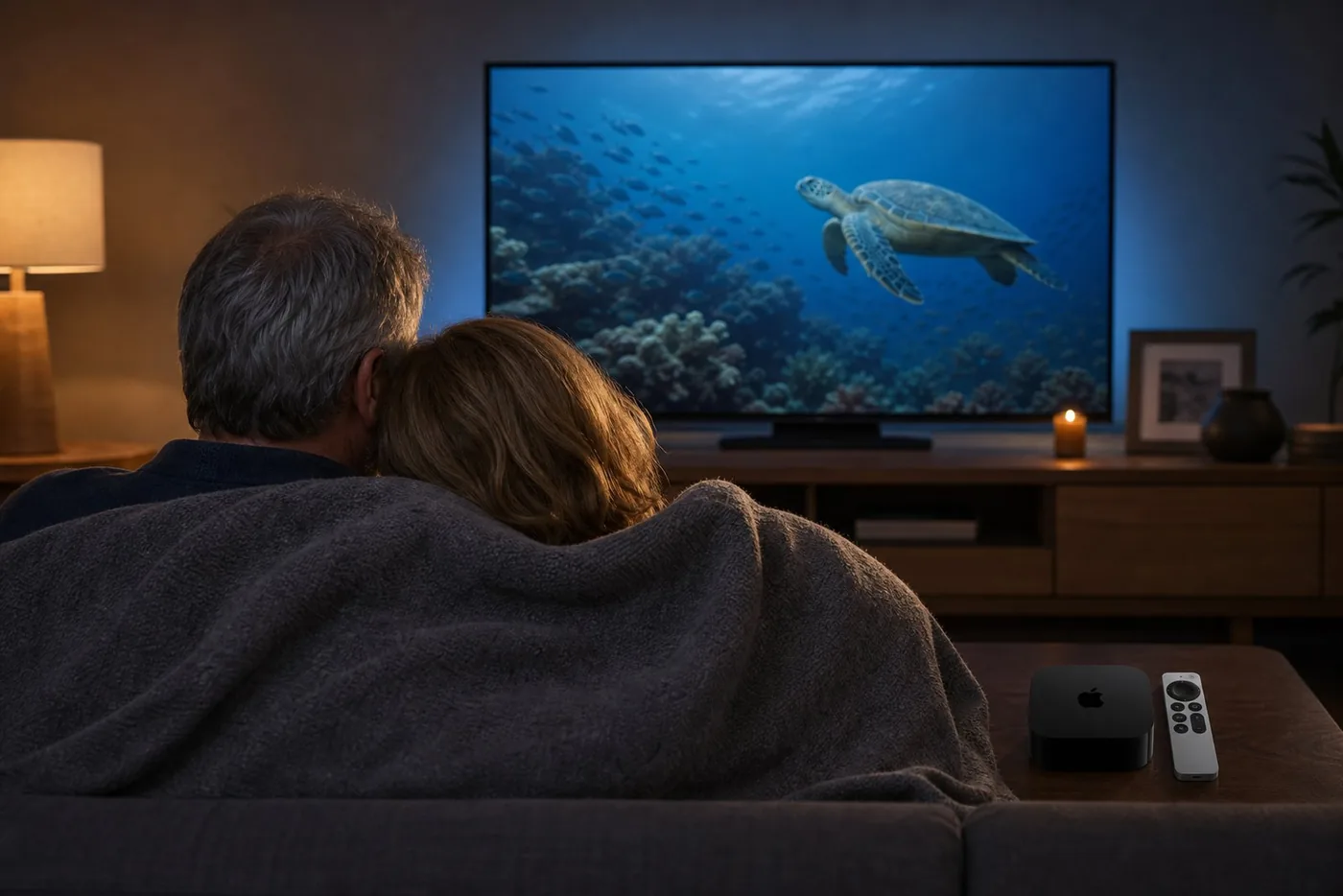 Een koppel kijkt 's avonds onder een deken naar een natuurdocumentaire op de televisie