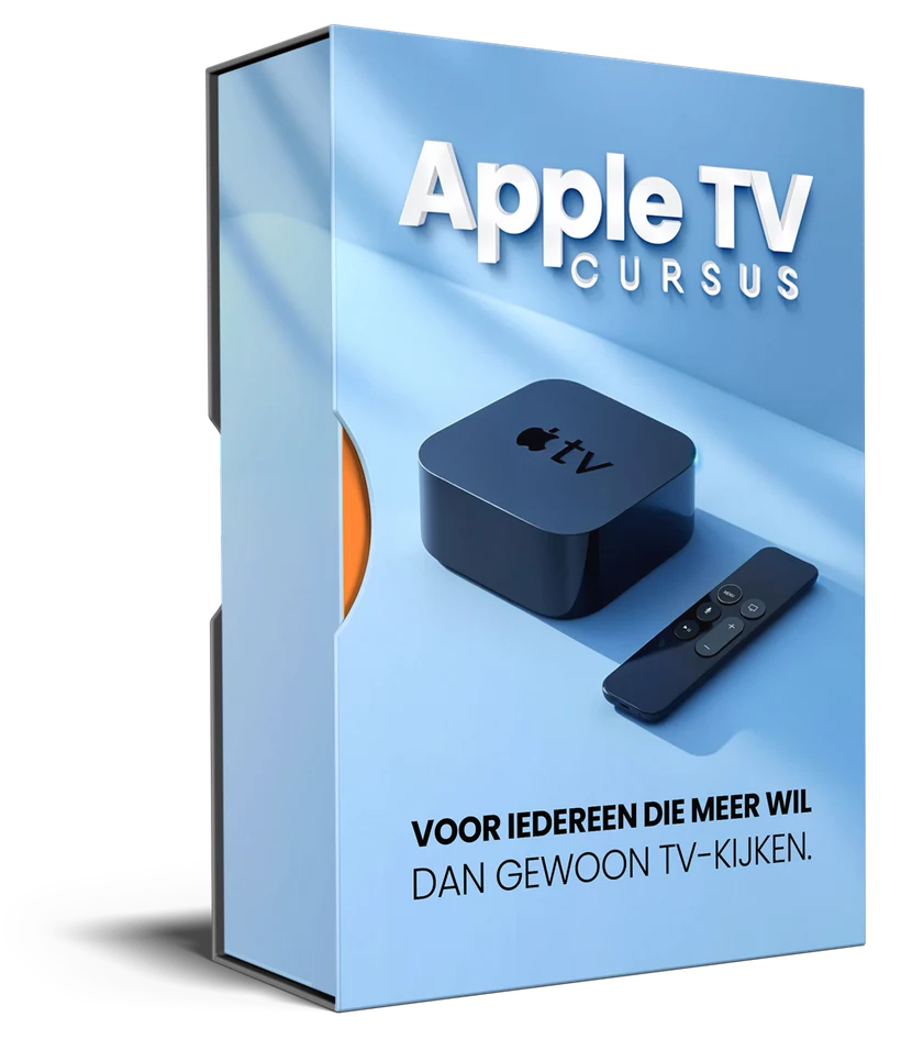 De cursusdoos van de Apple TV-cursus, met een Apple TV en afstandsbediening op de voorkant