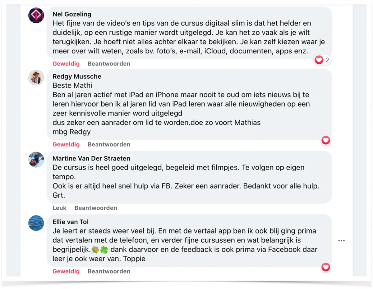 Reacties van cursisten: helder en rustig uitgelegd, te volgen op eigen tempo
