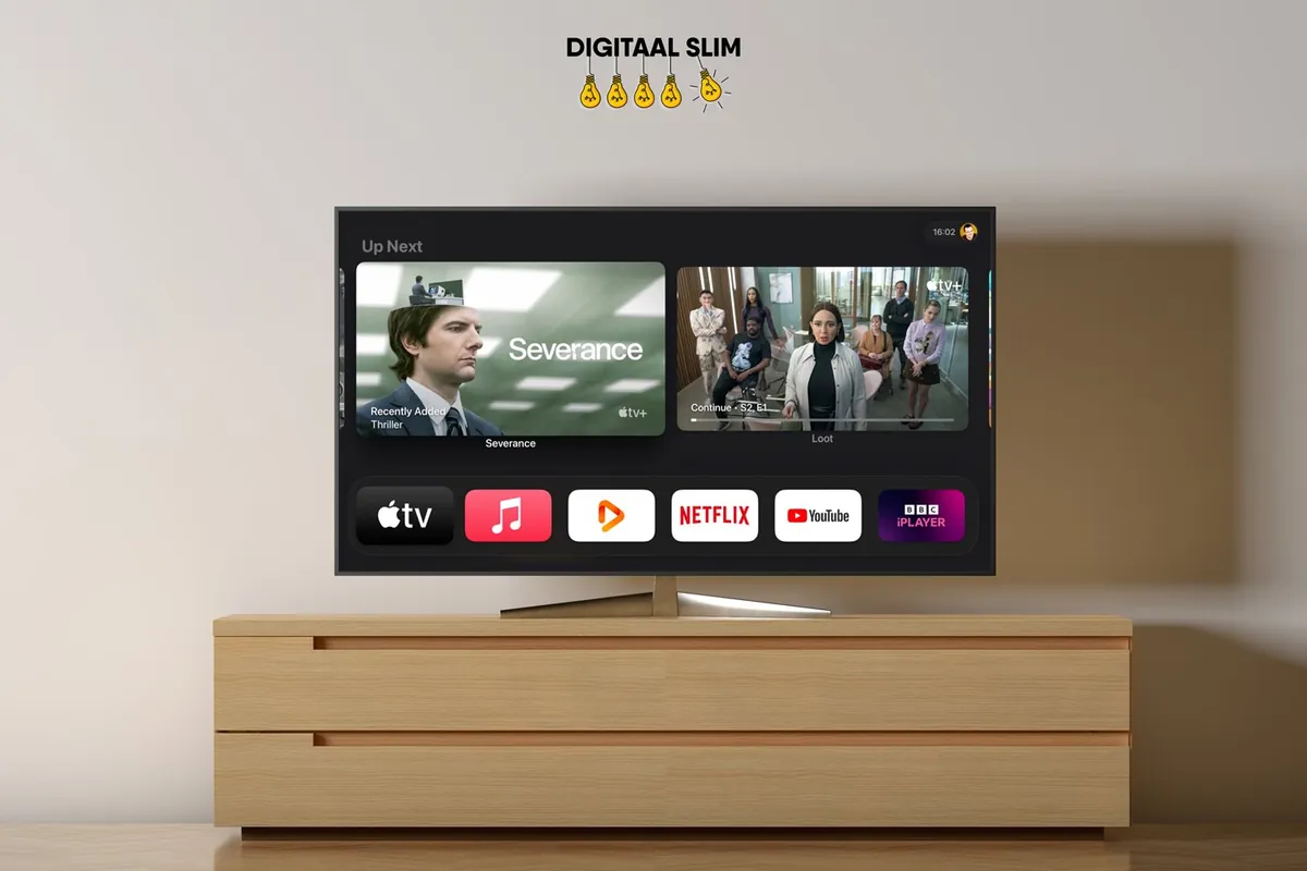 Televisie op een kast met het beginscherm van Apple TV