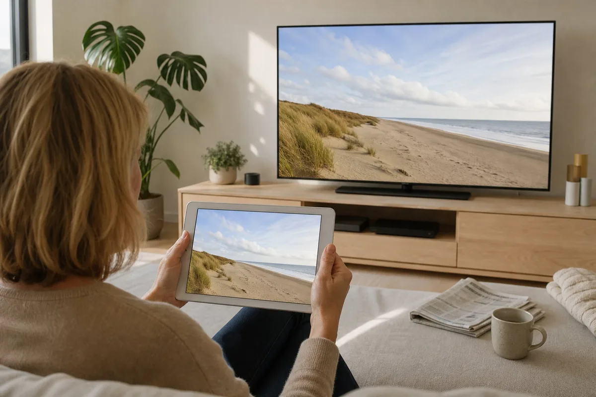 Een vrouw houdt haar iPad met een vakantiefoto vast, dezelfde foto staat groot op de televisie