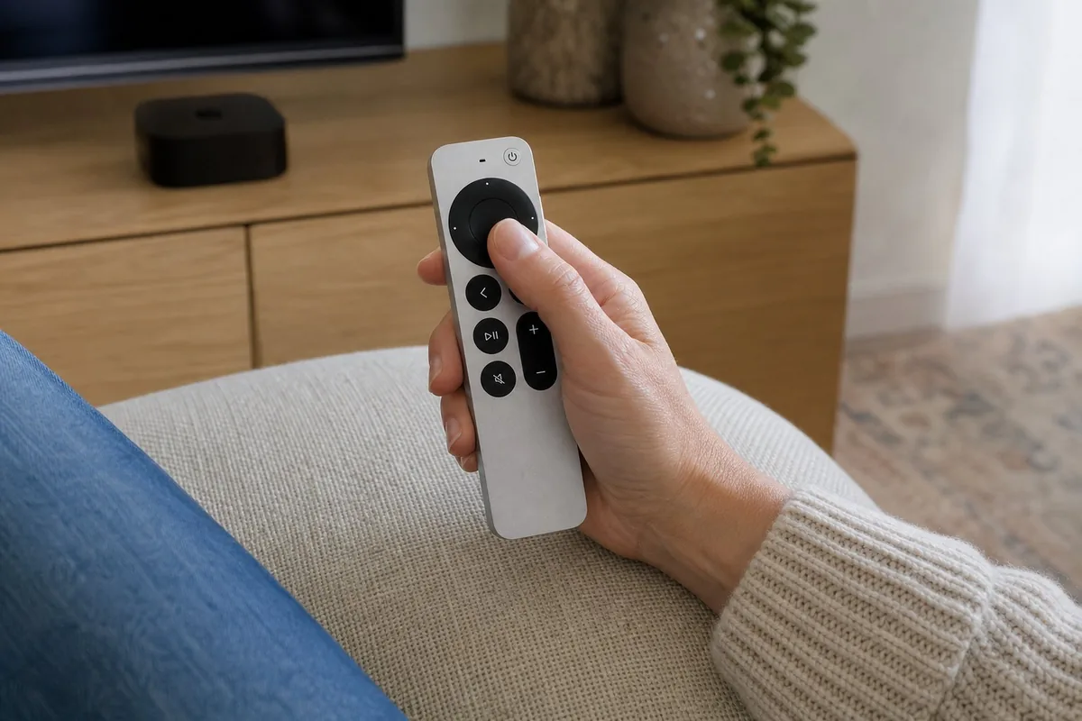 Een hand houdt de Siri Remote vast, de televisie staat onscherp op de achtergrond