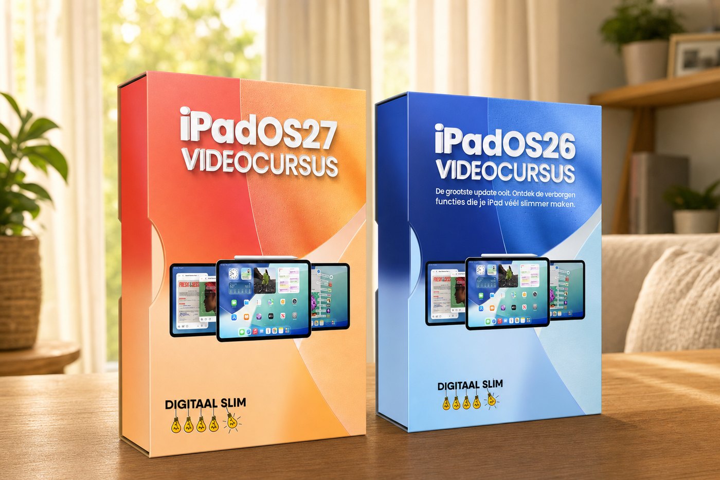 De iPad Zomerbundel: de iPadOS 26-cursus en de nieuwe iPadOS 27-cursus van DigitaalSlim naast elkaar
