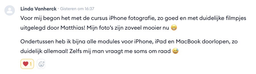 Reactie van Linda Vanherck: duidelijke filmpjes, mijn foto's zijn zoveel mooier nu